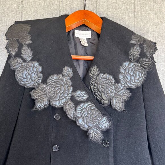 Vintage Newport News Black Wool Blend Faux Leather Floral Applique Collar Coat - Picture 3 of 14